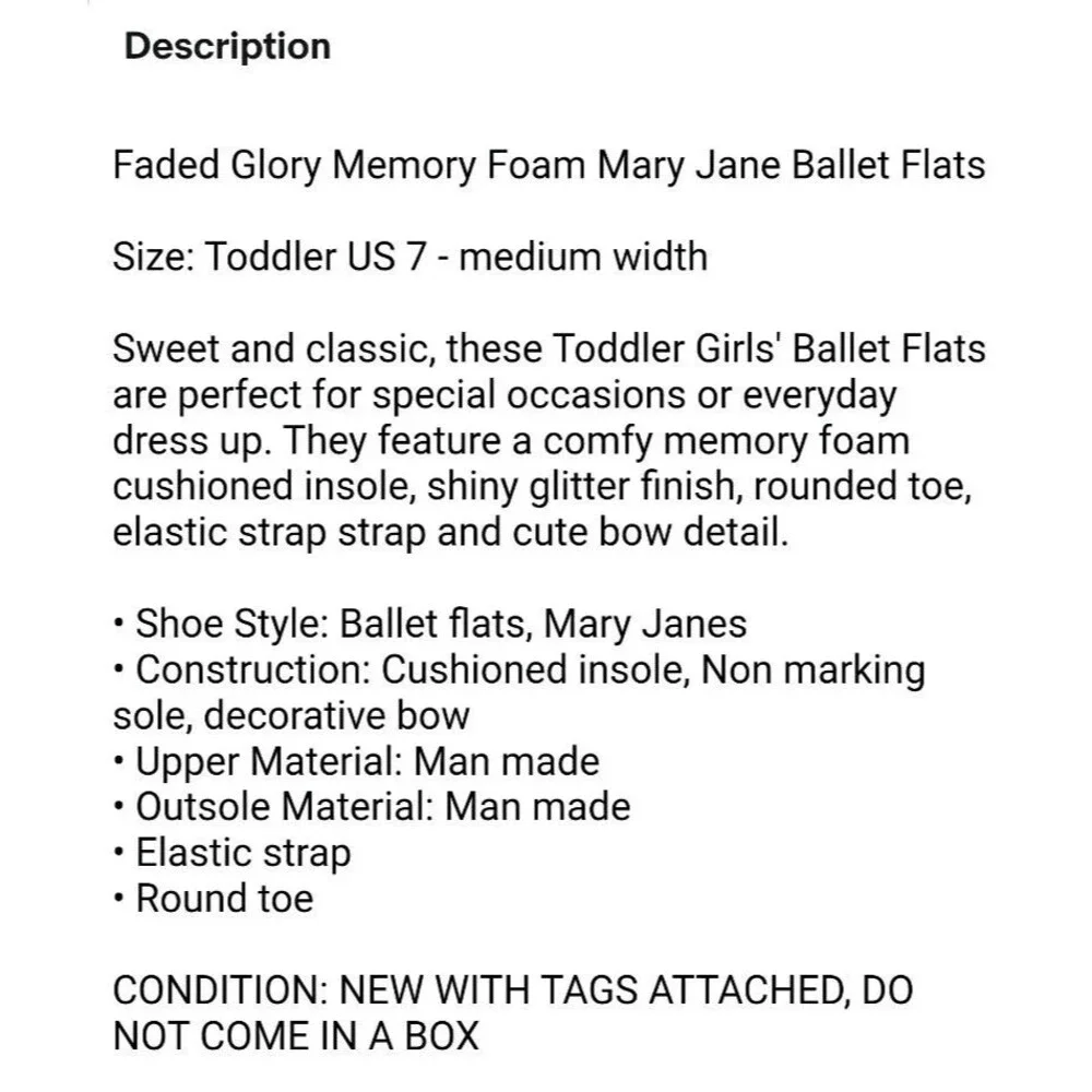 Faded Glory Silver Glitter Mary Jane Ballet Flats Shoes  Toddler Girls 7  NWT